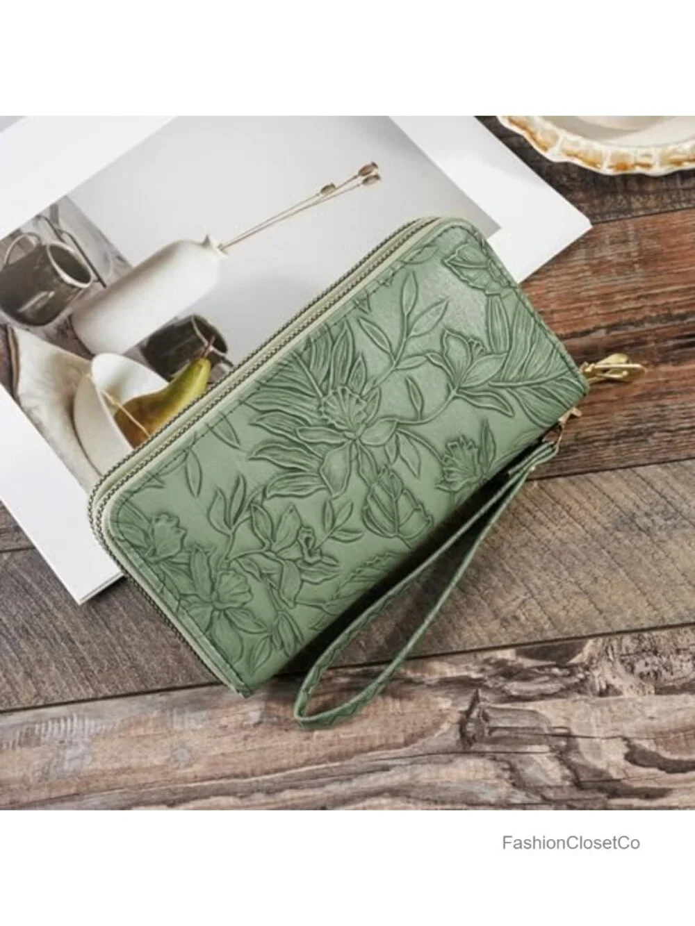 Large Capacity Double Zip RFID Blocking Vegan Leather Floral Wristlet Clutch